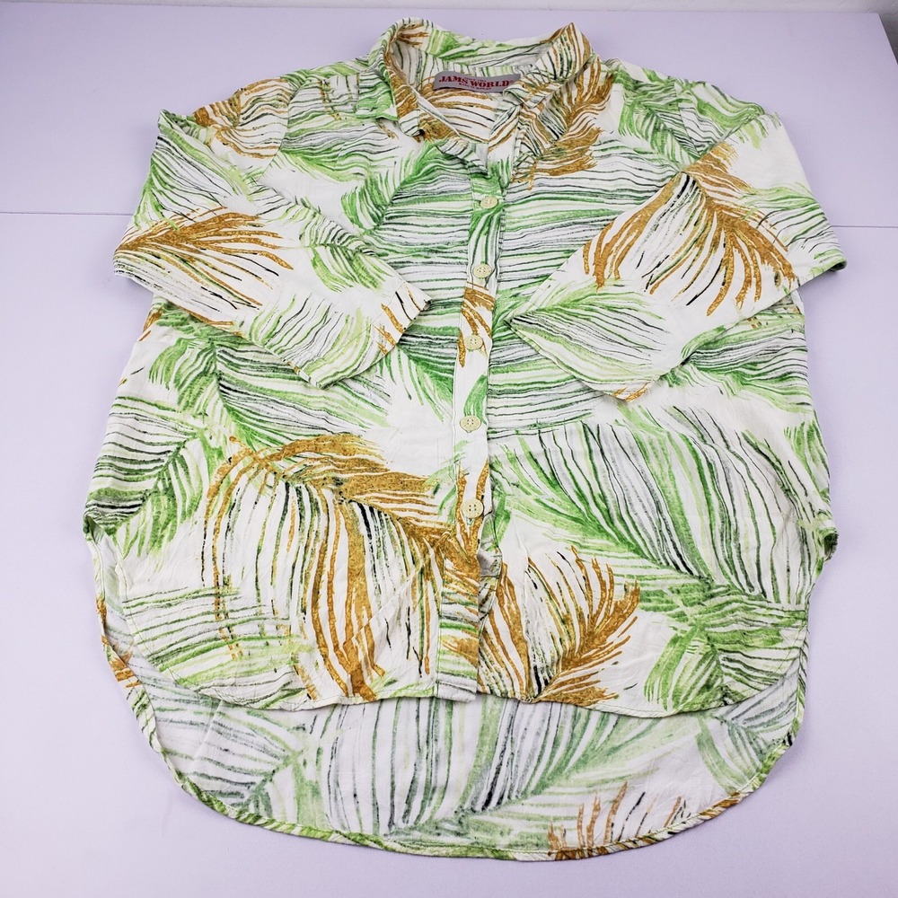 Jams World Blouse Women's Small Green Palm Leaves 3/4 Sleeve Button‎ Shirt
